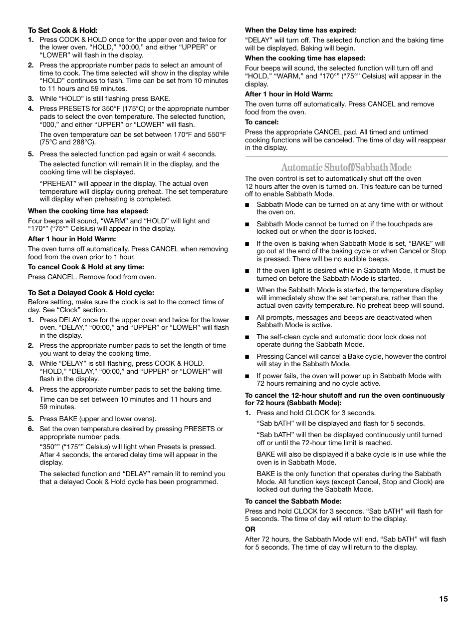 Automatic shutoff/sabbath mode | Whirlpool GGE350LWS User Manual | Page 15 / 24