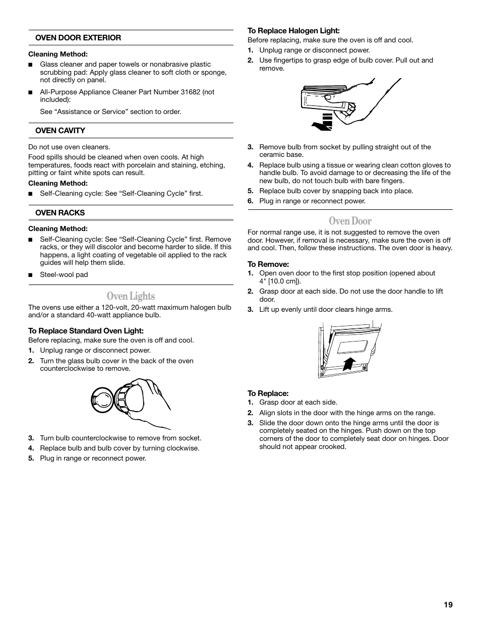 Oven lights, Oven door | Whirlpool GGE350LWS User Manual | Page 19 / 24