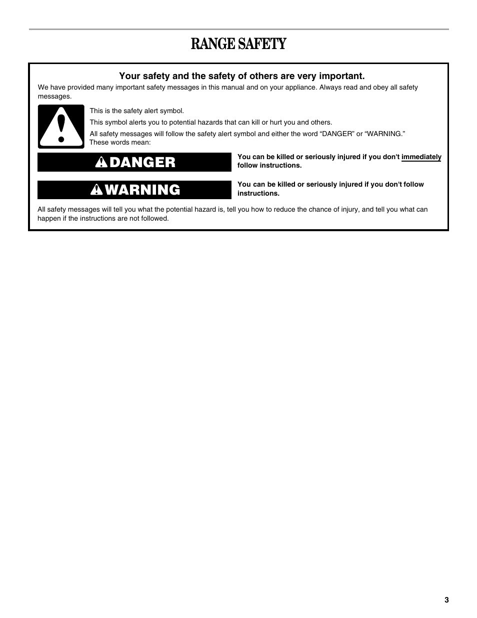Range safety, Danger warning | Whirlpool GGE350LWS User Manual | Page 3 / 24