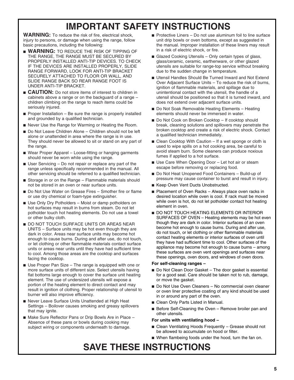 Warning, Caution | Whirlpool GGE350LWS User Manual | Page 5 / 24