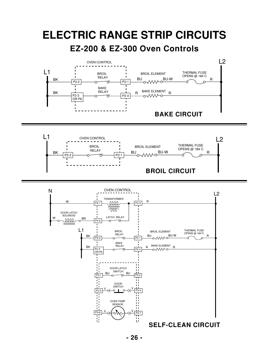 Electric range strip circuits, L1 l2, Bake circuit | Broil circuit, Self-clean circuit, L1 l2 n | Whirlpool 465 User Manual | Page 28 / 32