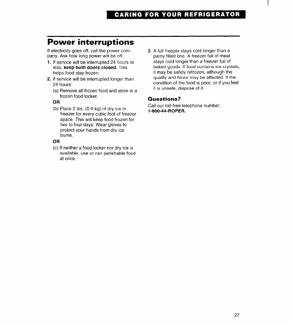 Power interruptions, Questions | Whirlpool FREEZERS User Manual | Page 27 / 36