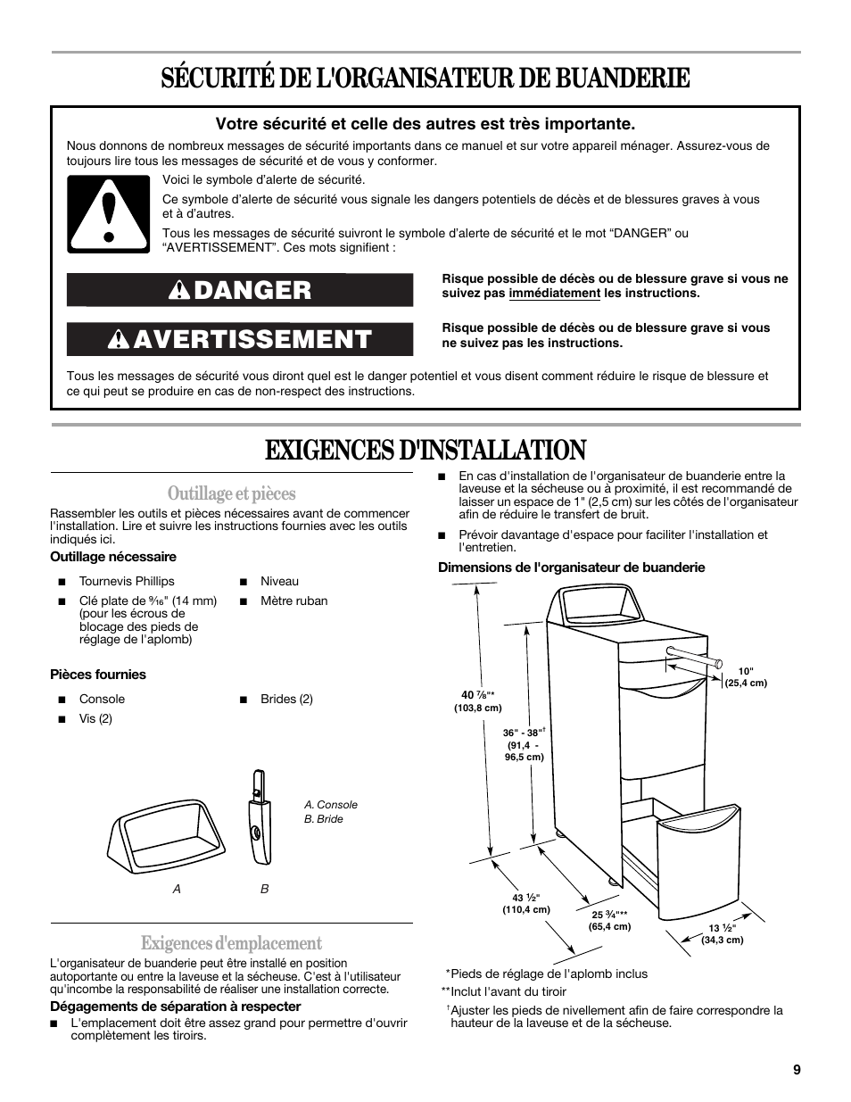Avertissement danger, Outillage et pièces, Exigences d'emplacement | Whirlpool Laundry Tower User Manual | Page 9 / 12