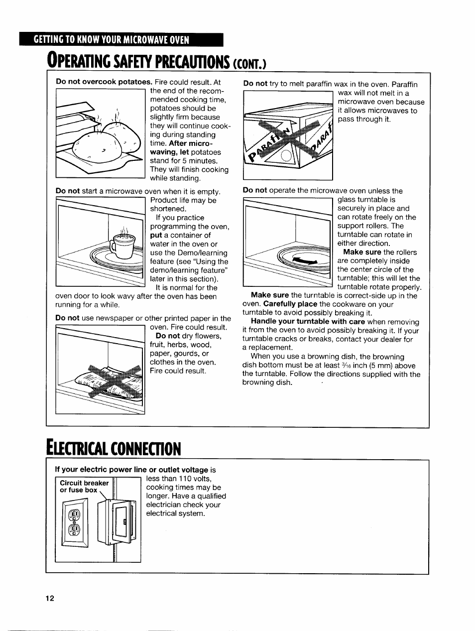 Operating safeiy precauoons (cont, Elfcnucalconnecnon, If your electric power line or outlet voltage is | Perating, Safeiy, Precauoons | Whirlpool GH7145XF User Manual | Page 12 / 47