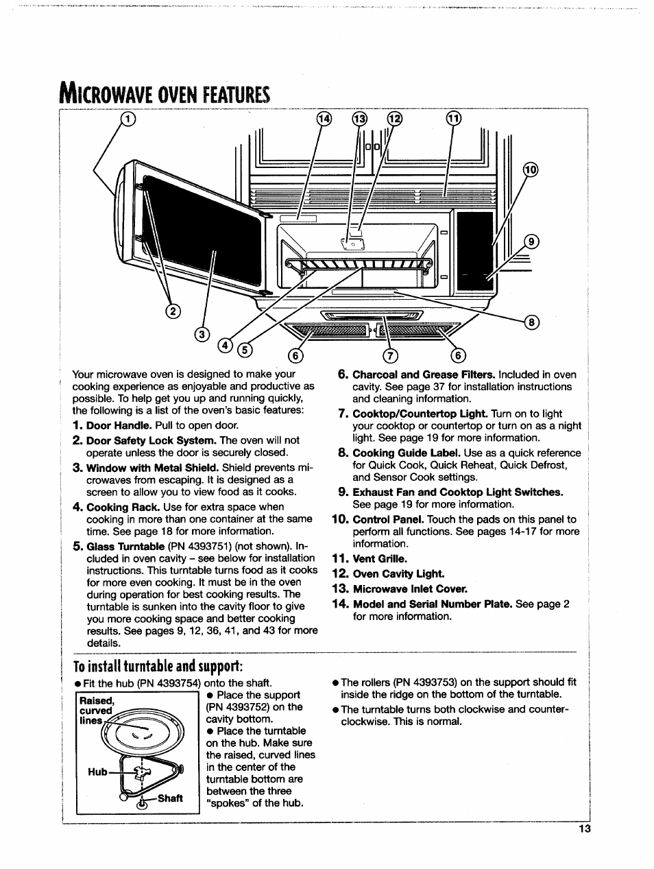 To install turntable and support, Icrowave, Oven | Features | Whirlpool GH7145XF User Manual | Page 13 / 47