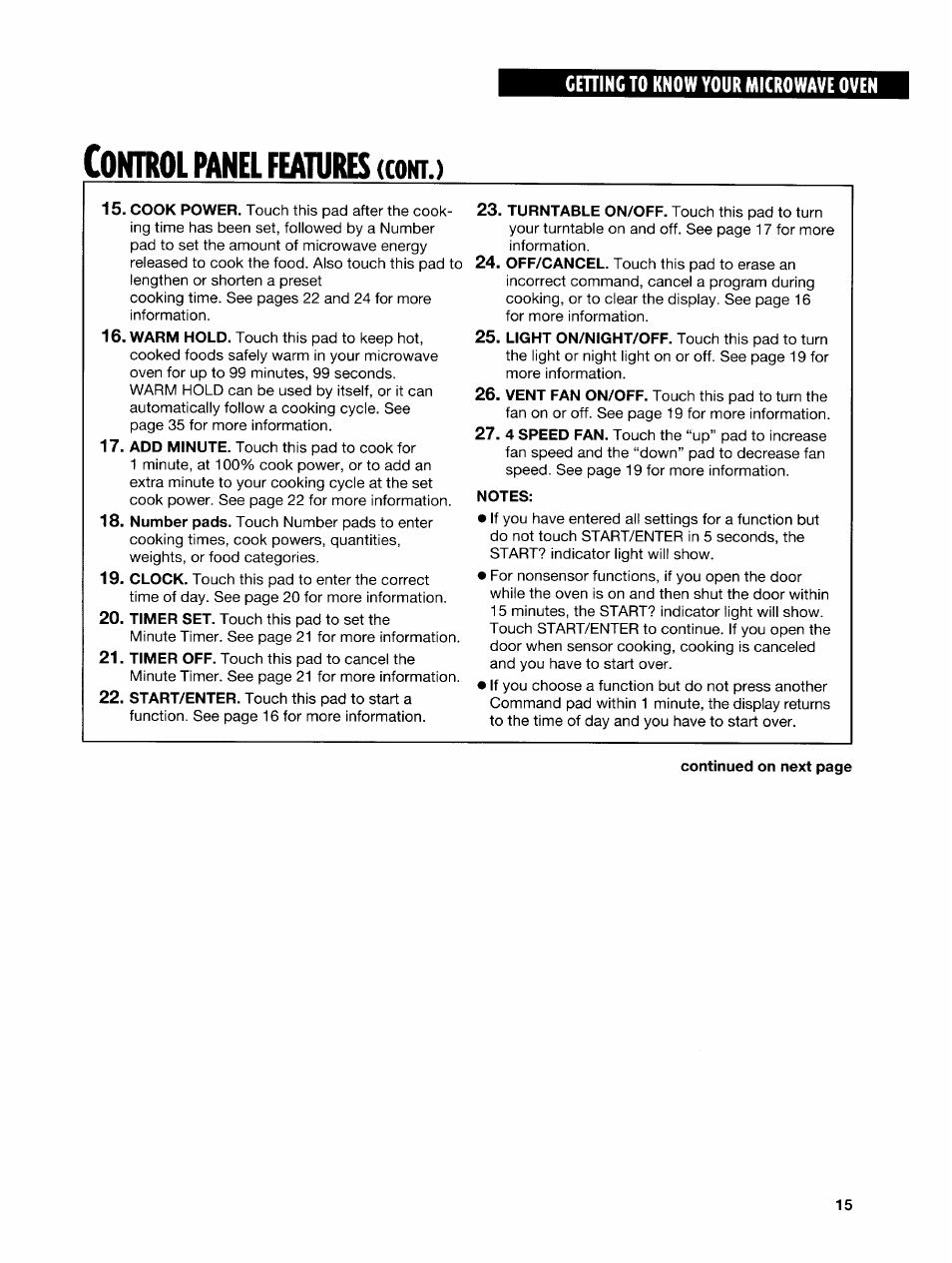 Control panel features (cont, Notes, Panel features (cont | Ontrol | Whirlpool GH7145XF User Manual | Page 15 / 47