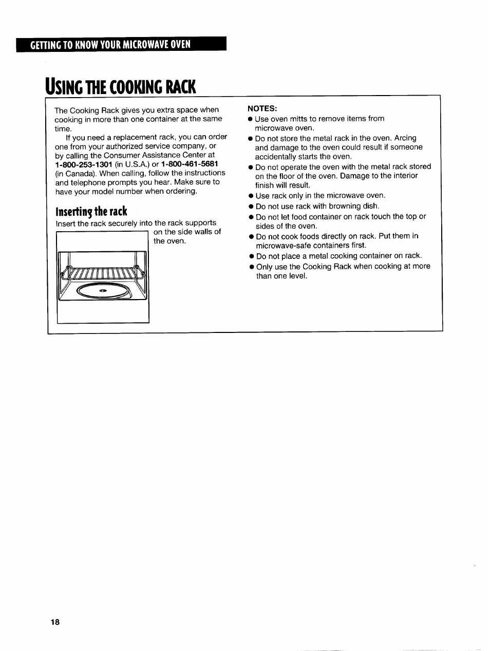 Using the cooking rack, Inserting the rack, Notes | The cooking rack, Sing | Whirlpool GH7145XF User Manual | Page 18 / 47