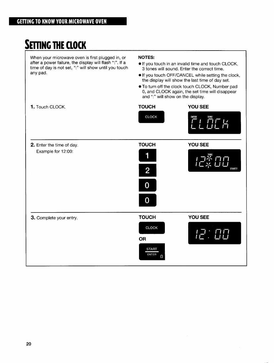 Setting the clock, Notes, The clock | Etting | Whirlpool GH7145XF User Manual | Page 20 / 47