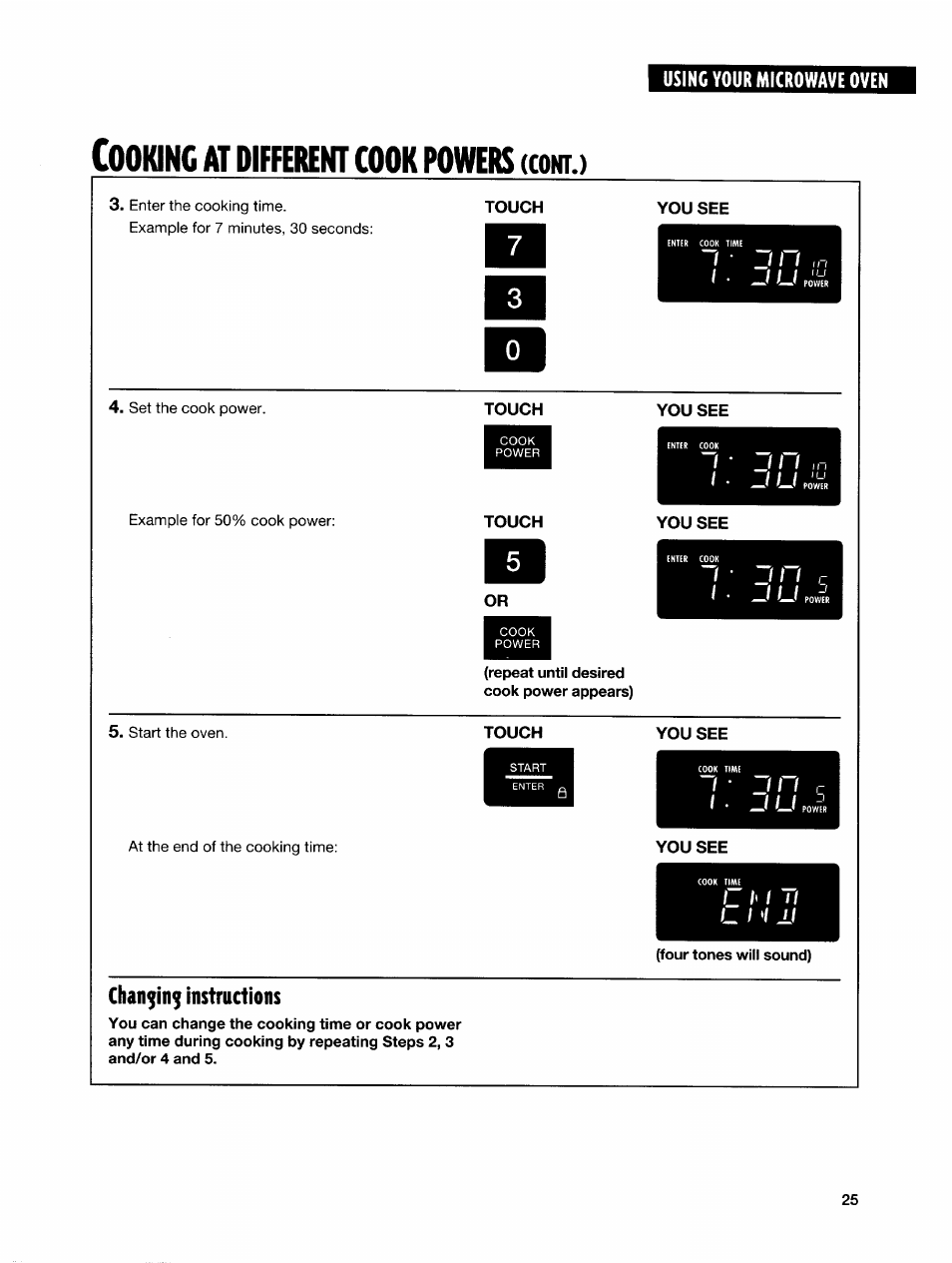 Cooking at different cook powers (coktj, Chan^in^ instructions, Ooking | Different, Cook, Powers, Coktj, Po'vlv | Whirlpool GH7145XF User Manual | Page 25 / 47