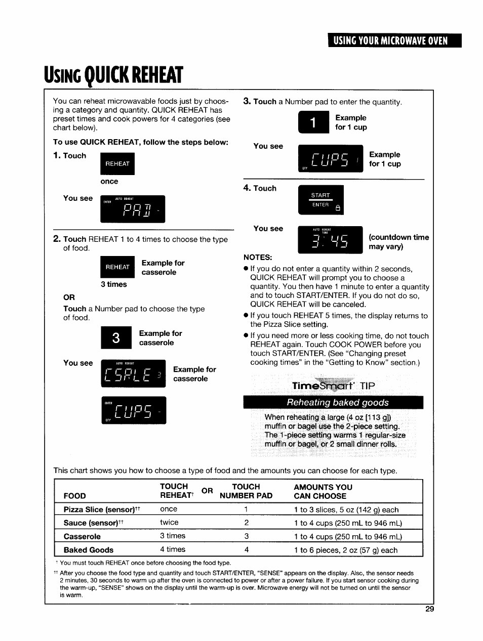 Using quick reheat, You see, Example for casserole | Example for 1 cup, Touch, Countdown time may vary), Notes, Time^mart' tip, Sing, Quick reheat | Whirlpool GH7145XF User Manual | Page 29 / 47