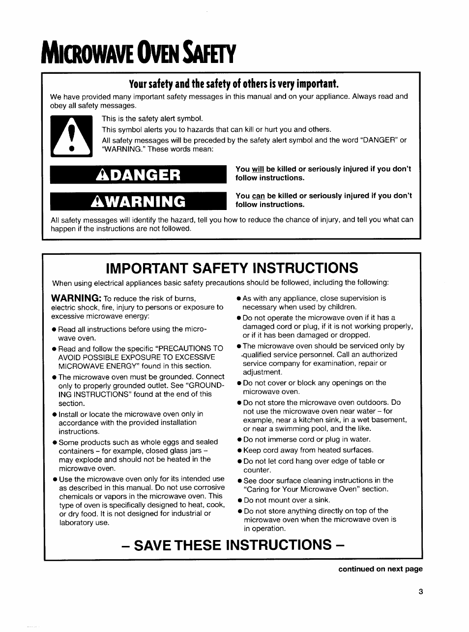 Mmimimve oven safety, Important safety instructions, Save these instructions | Mimimve, Afety, Adanger awarning | Whirlpool GH7145XF User Manual | Page 3 / 47