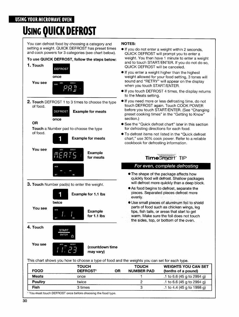 Using quick defrost, Once, You see | Example for 1.1 lbs, Touch, Notes, Countdown time may vary), Using, Quick defrost | Whirlpool GH7145XF User Manual | Page 30 / 47