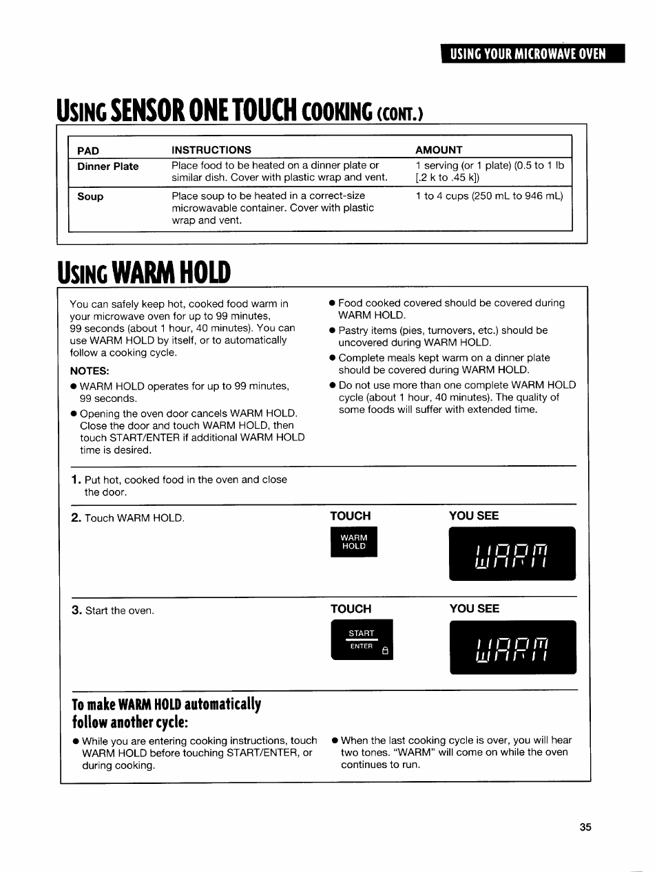 Using sensor one touch cooking (cokt.), Using warm hold, Notes | Sing, Cooking, Sensor one touch, Warm hold | Whirlpool GH7145XF User Manual | Page 35 / 47