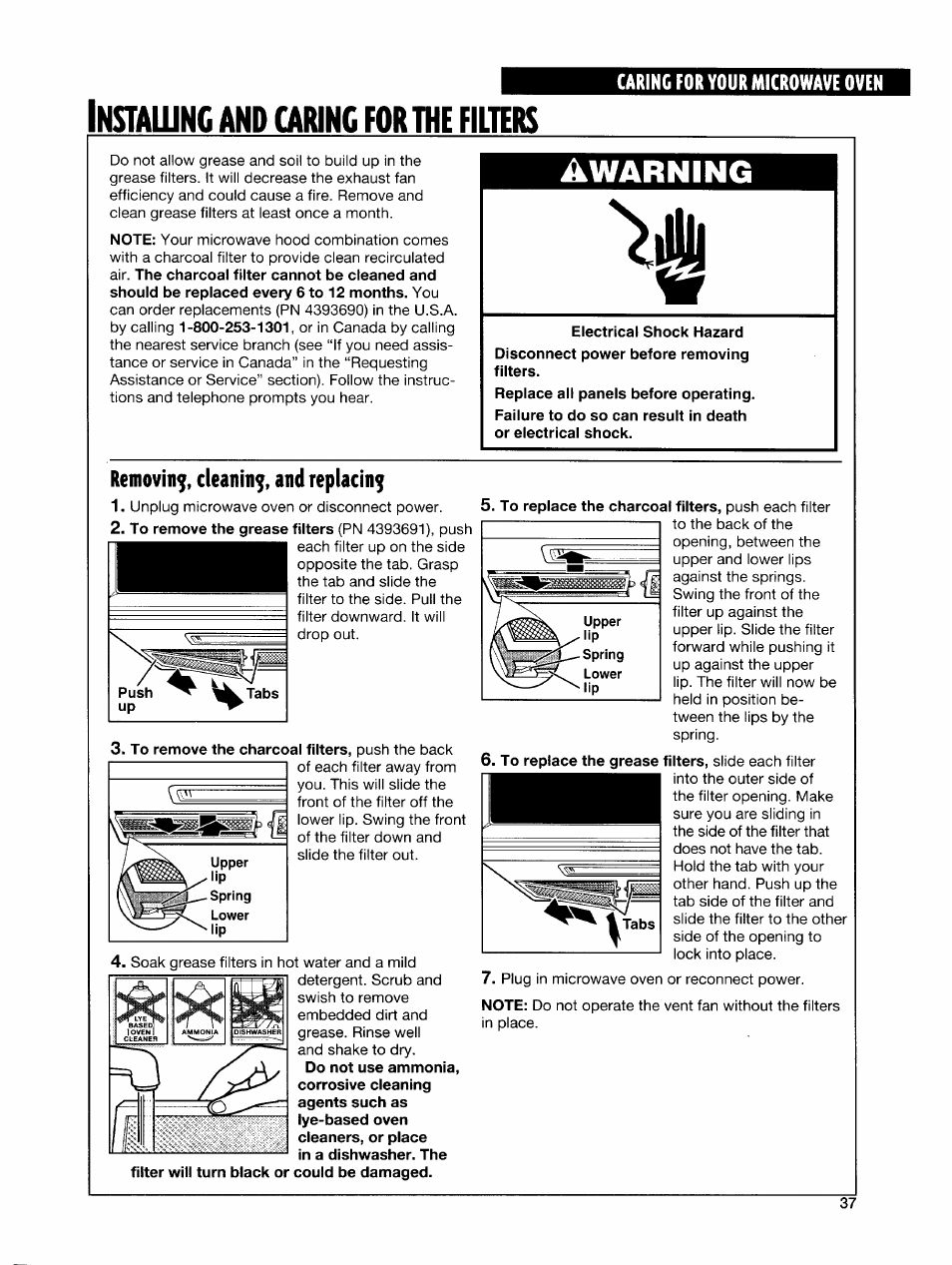 Instaiunc and camnc for the filtirs, To remove the charcoal filters, push the back, To replace the charcoal filters, push each filter | Awarning | Whirlpool GH7145XF User Manual | Page 37 / 47