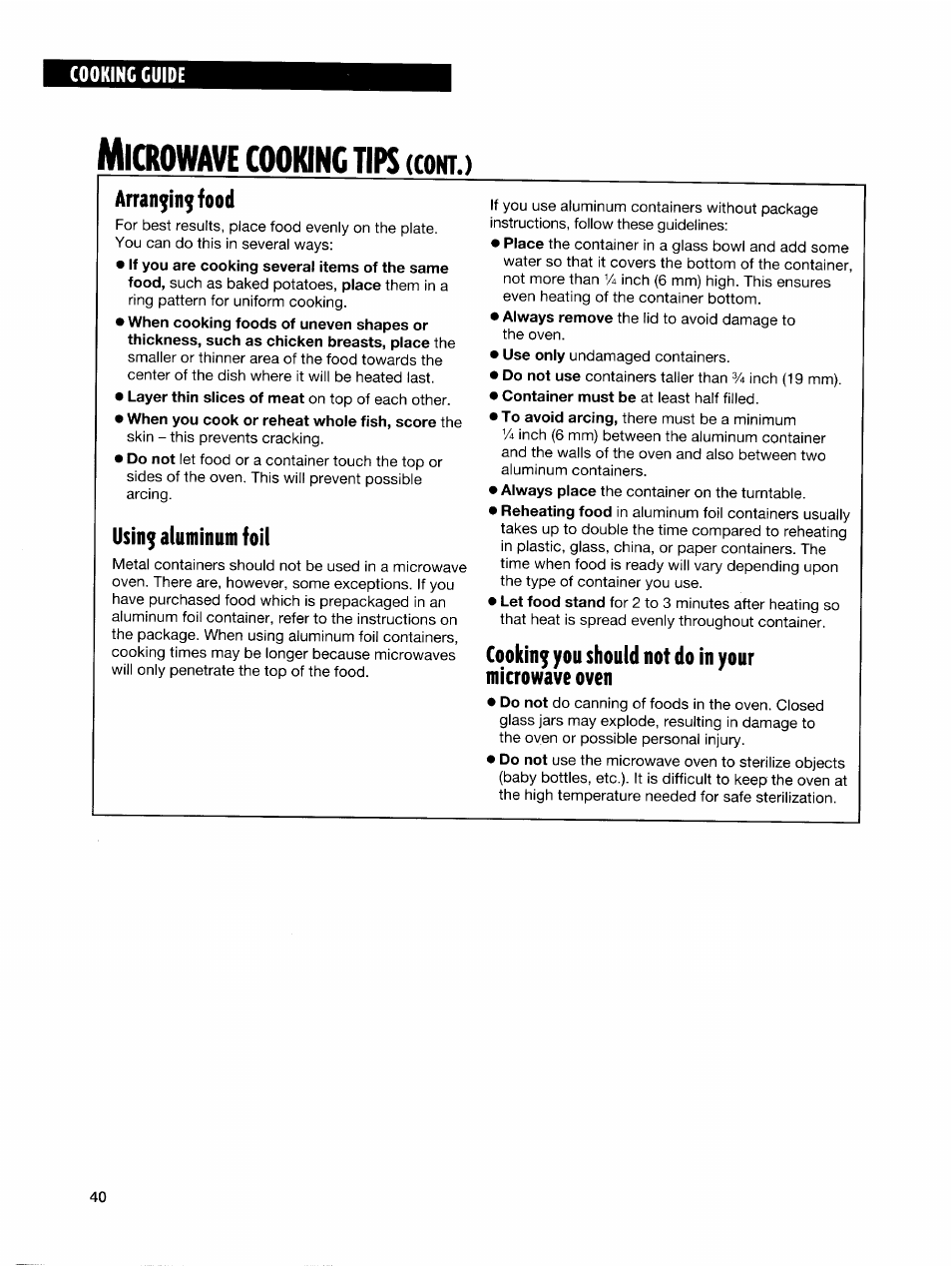 Microwave cooking tips (contj, Anan^in^food, Usin^ aluminum foil | Cooking you should not do in your microwave oven, Icrowave, Cooking, Tips, Contj | Whirlpool GH7145XF User Manual | Page 40 / 47