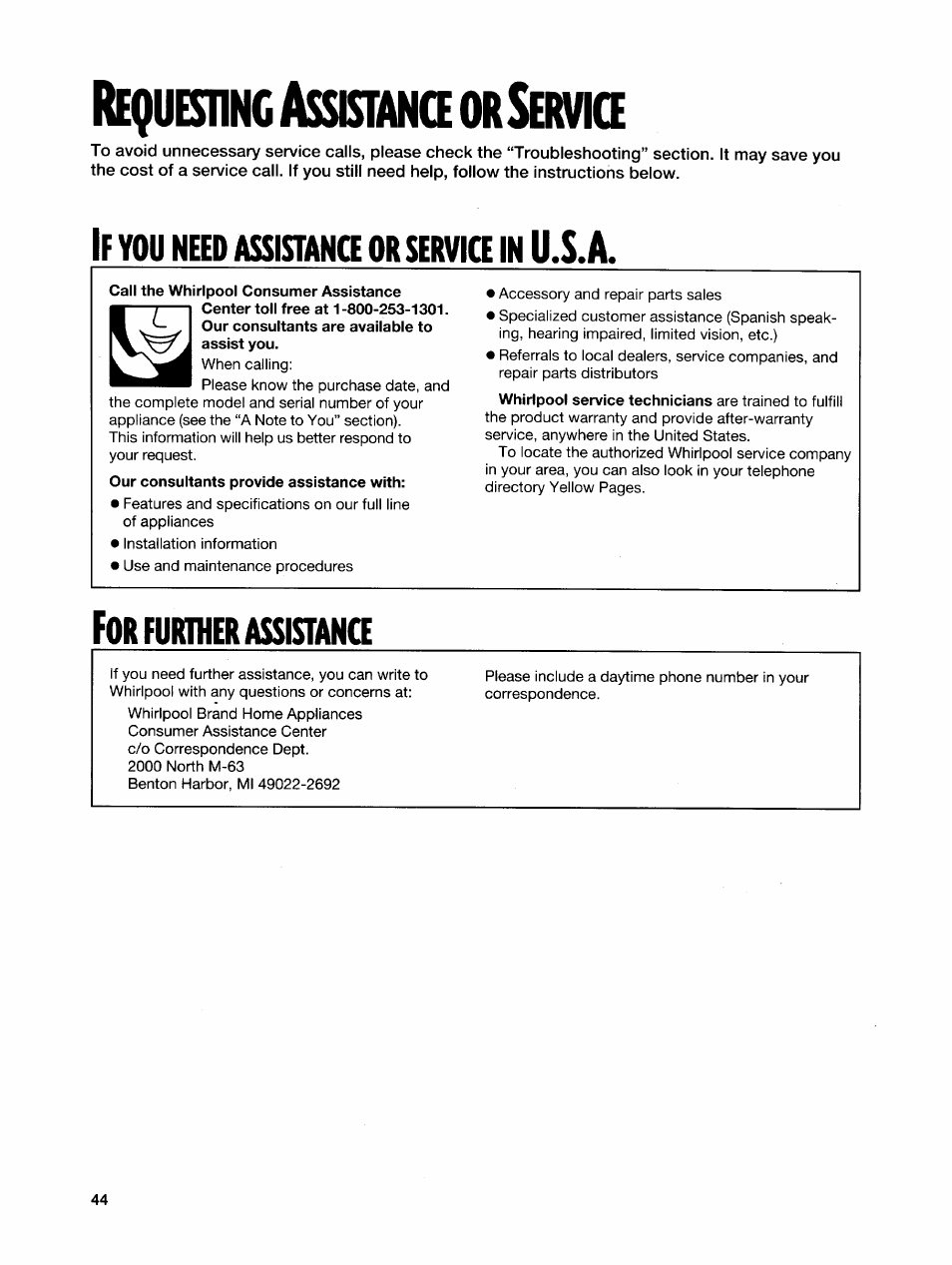 Requesnnc asskiaike orservke, If you need assistanq or service in u.s. a, Call the whirlpool consumer assistance | Forfurinerassistana, Requesnnc a, Sskiaike, Ervke, Need, Assistanq, Service | Whirlpool GH7145XF User Manual | Page 44 / 47