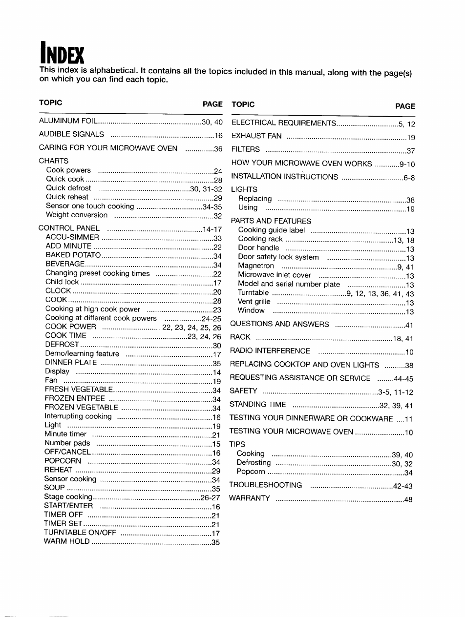 Index, Ndex | Whirlpool GH7145XF User Manual | Page 46 / 47