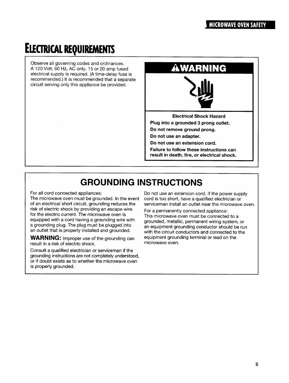 Euecnucal requirements, Grounding instructions, Awarning | Whirlpool GH7145XF User Manual | Page 5 / 47
