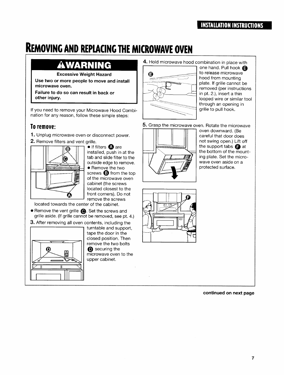 Removing and repiacingthe microwave oven, To remove, Emoving | Repiacingthe, Microwave, Oven, Warning | Whirlpool GH7145XF User Manual | Page 7 / 47