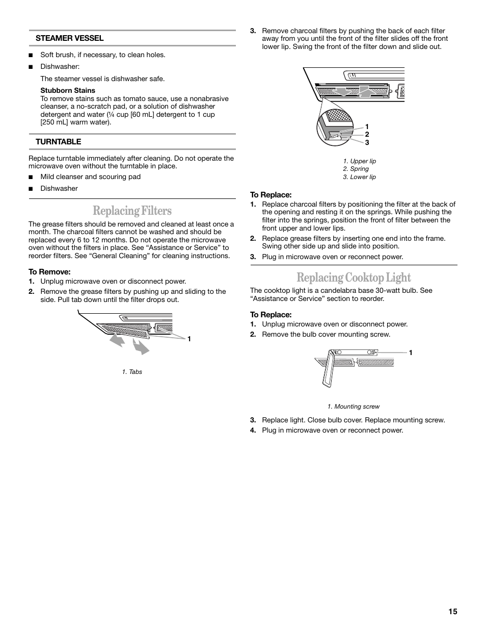 Replacing filters, Replacing cooktop light | Whirlpool GH8155XM User Manual | Page 15 / 20