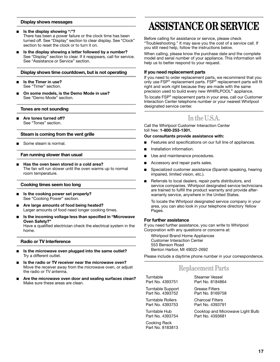 Assistance or service, Replacement parts | Whirlpool GH8155XM User Manual | Page 17 / 20