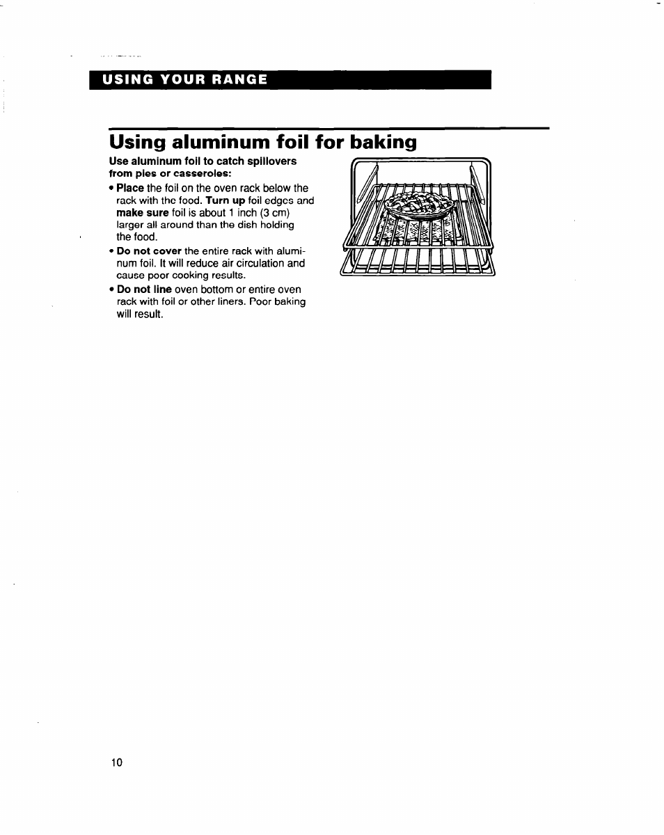 Using aluminum foil for baking, Foil edges and | Whirlpool FES364B User Manual | Page 10 / 32