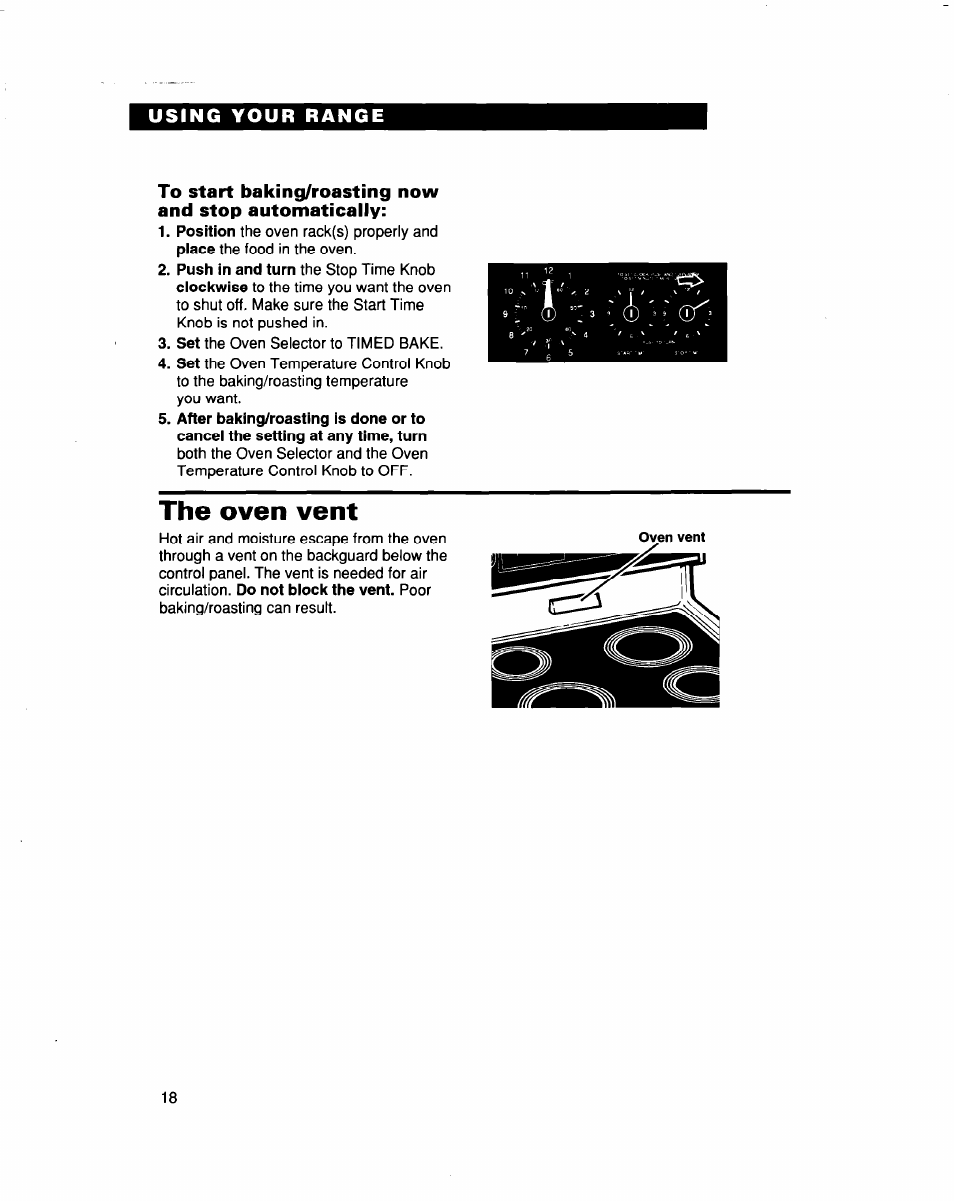 The oven vent, The oven rack(s) properly and, The food in the oven | The stop time knob, The oven selector to timed bake, Poor baking/roasting can result | Whirlpool FES364B User Manual | Page 18 / 32