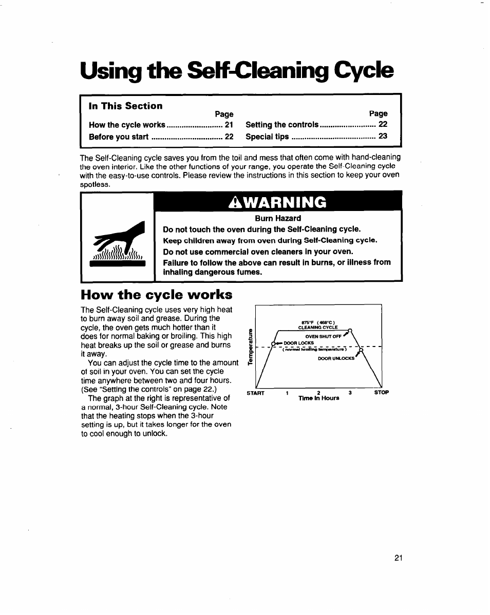 How the cycle works, Using the self-cleaning cycle, Warning | Whirlpool FES364B User Manual | Page 21 / 32