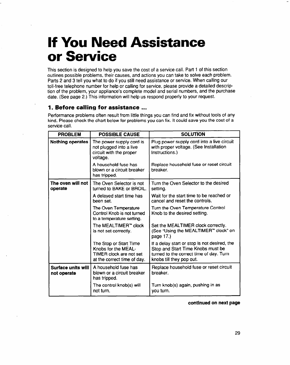 Before calling for assistance, If you need assistance or service | Whirlpool FES364B User Manual | Page 29 / 32