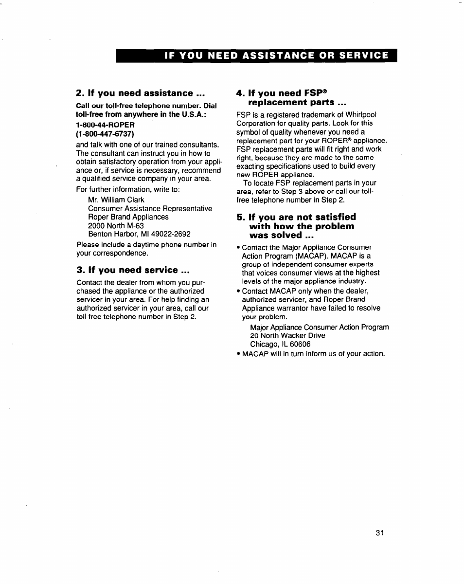 If you need assistance, If you need service, If you need fsp® replacement parts | Whirlpool FES364B User Manual | Page 31 / 32
