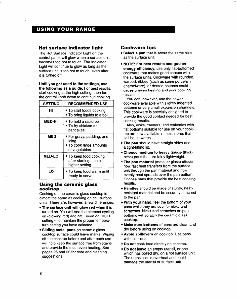 Hot surface indicator light, Using the ceramic glass cooktop, Cookware tips | Whirlpool FES364B User Manual | Page 8 / 32