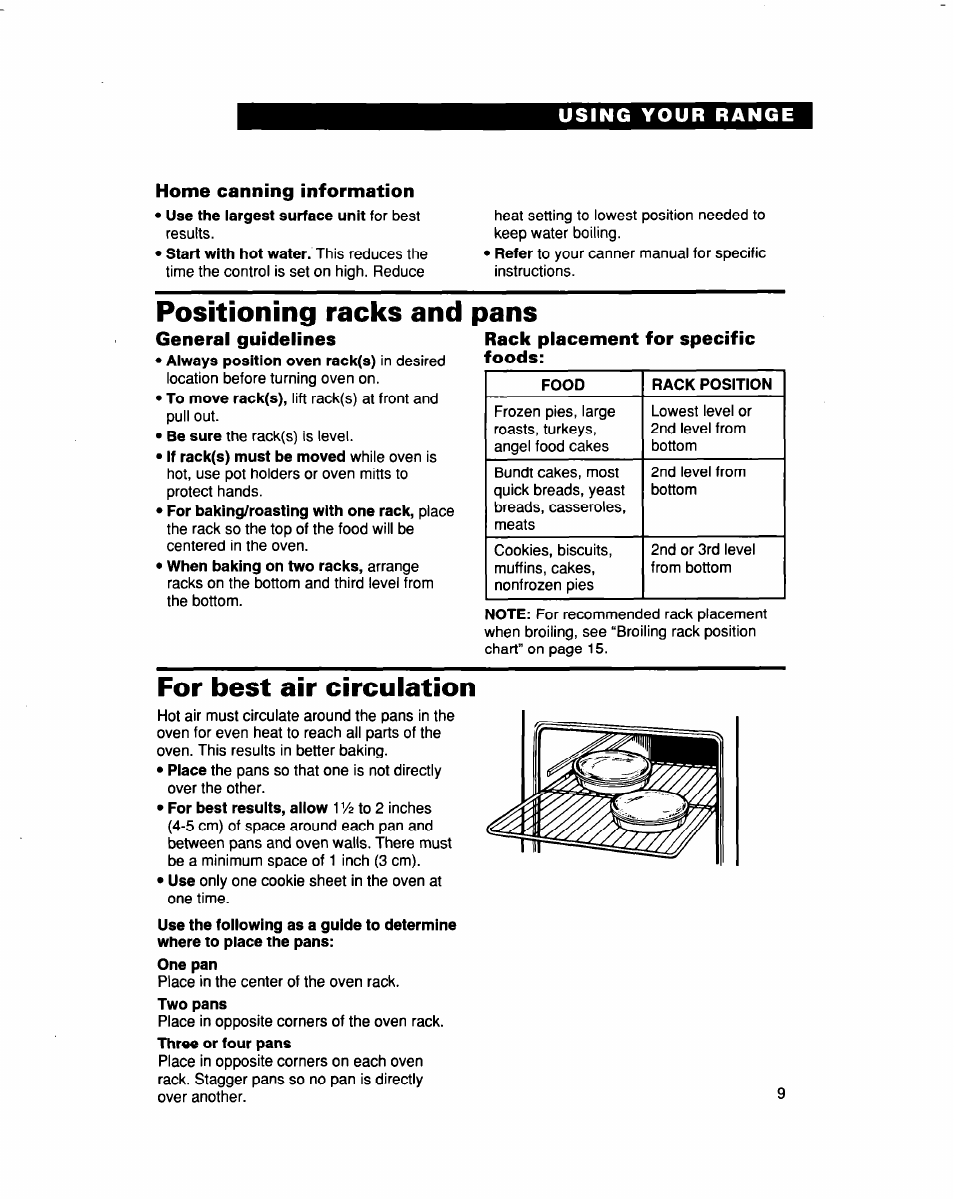 Home canning information, Positioning racks and, General guidelines | Pans, Rack placement for specific foods, For best air circulation | Whirlpool FES364B User Manual | Page 9 / 32