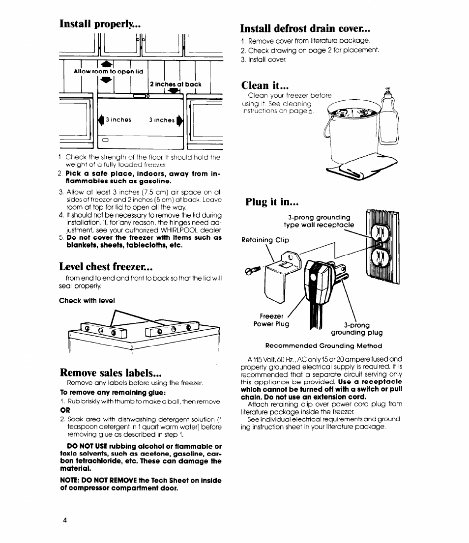Plug it in, Install properly, Level chest freezer | Remove sales labels, Install defrost drain cover | Whirlpool EH230F User Manual | Page 4 / 12