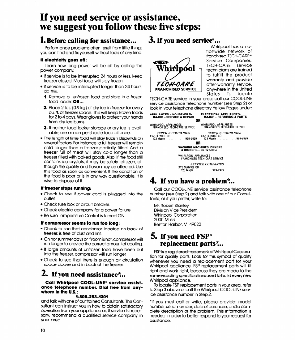 If you need assistance, If you have a problem, 5, if you need fsp® replacement parts | Vwrip2)l, You need assistance, L before calling for assistance, If you need service, If you need fsp® replacement parts | Whirlpool EVllOC User Manual | Page 10 / 12