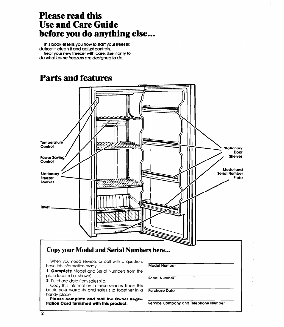 Parts and features, Copy your model and serial numbers here | Whirlpool EVllOC User Manual | Page 2 / 12