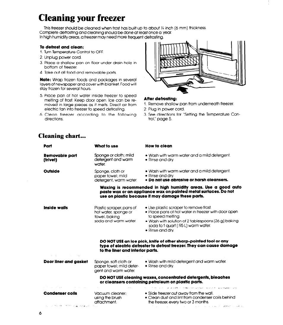 Cleaning your freezer, Cleaning chart | Whirlpool EVllOC User Manual | Page 6 / 12