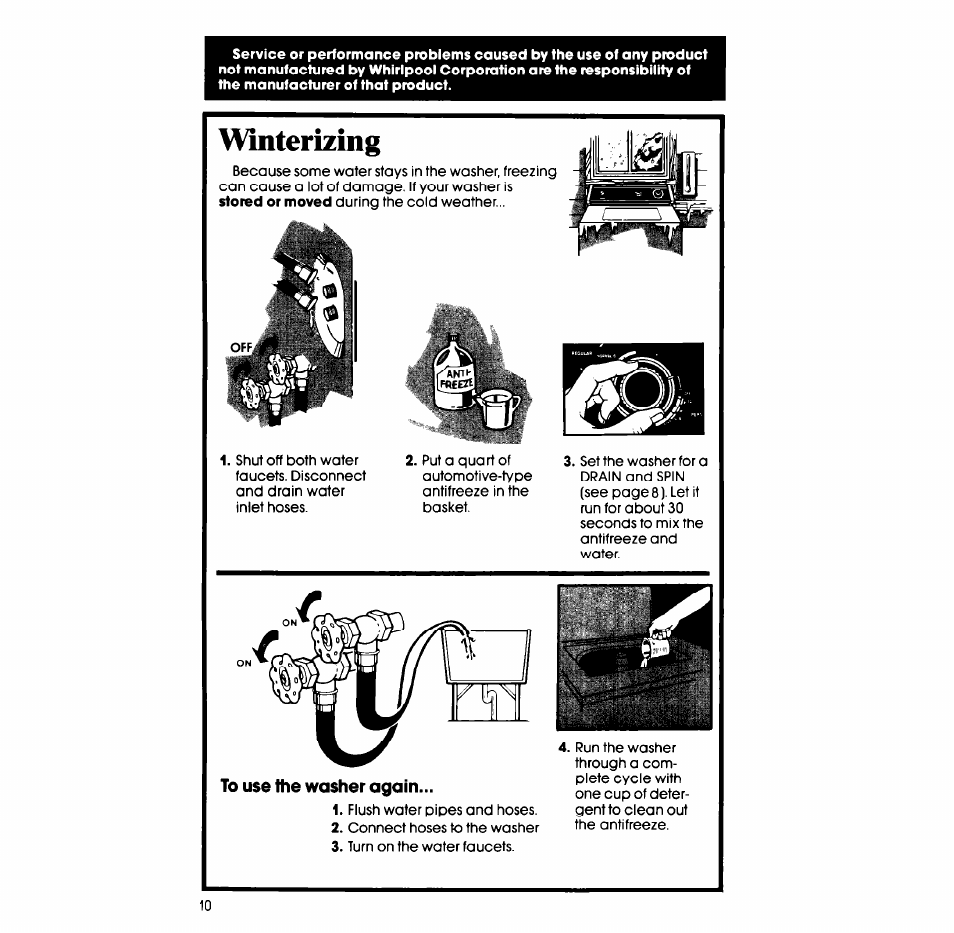 Wnterizing, To use the washer again | Whirlpool LA4400XS User Manual | Page 10 / 12