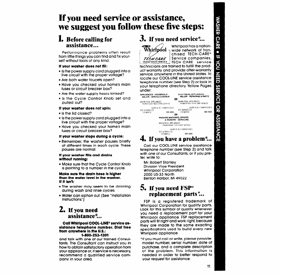 Before calling for assistance, 2« if you need assistance, If you need service | 4, if you have a problem, If you need fsp® replacement parts | Whirlpool LA4400XS User Manual | Page 11 / 12