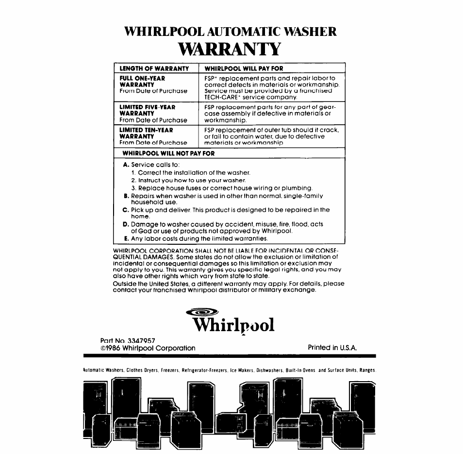 Whirlpool automatic washer, Avhirlpool, Warranty | Whirlpool LA4400XS User Manual | Page 12 / 12