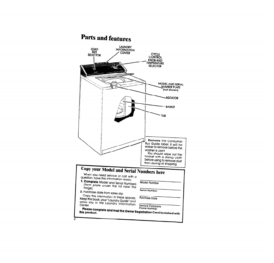 Parts and features, Py y ur model and serial numbers here | Whirlpool LA4400XS User Manual | Page 2 / 12