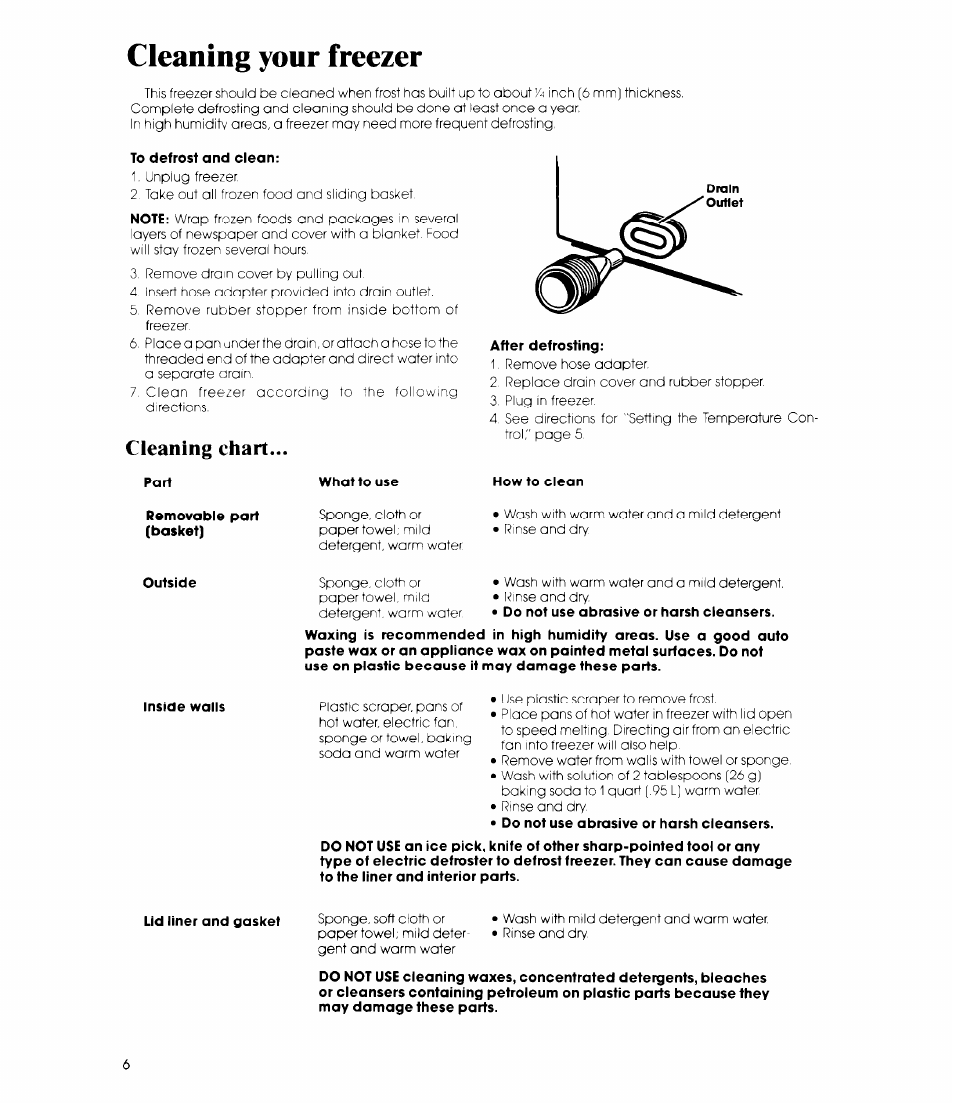 Cleaning your freezer, Cleaning chart, Using your freezer | Whirlpool EH150C User Manual | Page 6 / 12