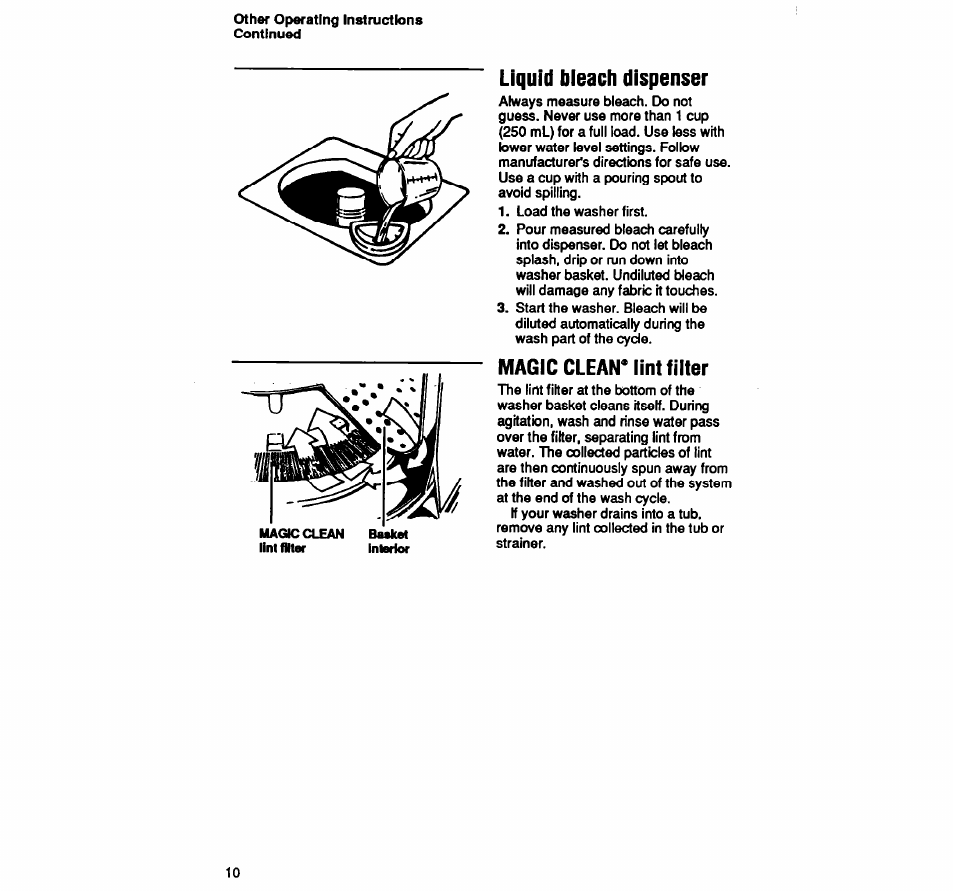 Liquid bieach dispenser, Magic clean* iintfiiter, Liquid bleach dispenser magic clean« lint fitter | Whirlpool LA5588XY User Manual | Page 10 / 16