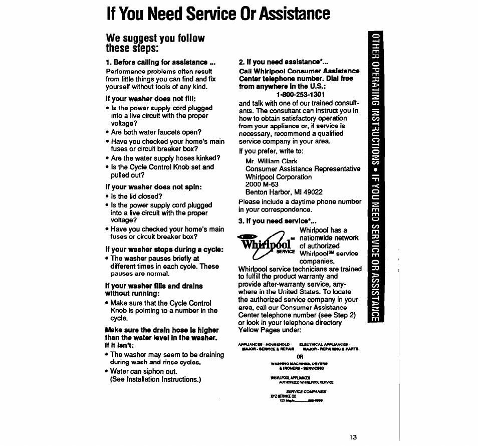 These steps, If you need service or assistance, We suggest you follow ' steps: these steps | Whirlpool LA5588XY User Manual | Page 13 / 16