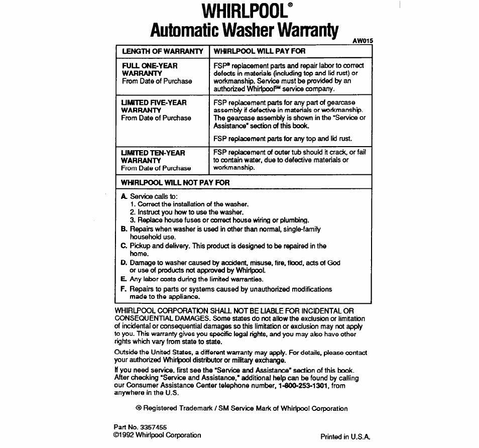 Whirlpool, Automatic washer warranty, Whirlpool automatic washer | Warranty, Whirlpool* automatic washer warranty | Whirlpool LA5588XY User Manual | Page 16 / 16