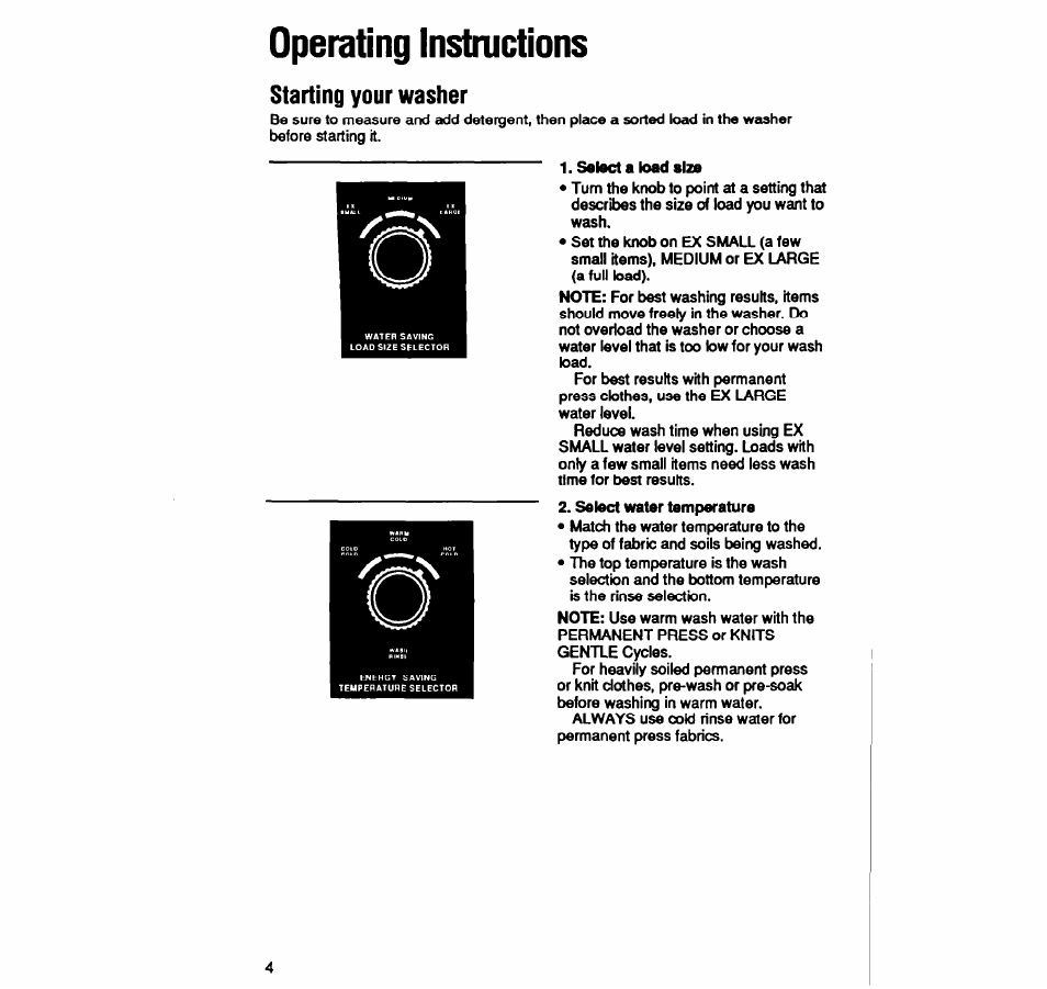 Operating instructions, Starting your washer | Whirlpool LA5588XY User Manual | Page 4 / 16