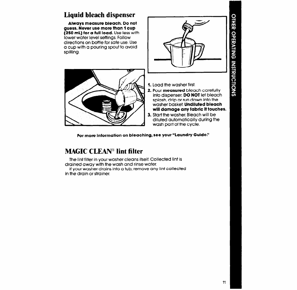 Liquid bleach dispenser, Magic clean® lint filter | Whirlpool LA5330XS User Manual | Page 11 / 16