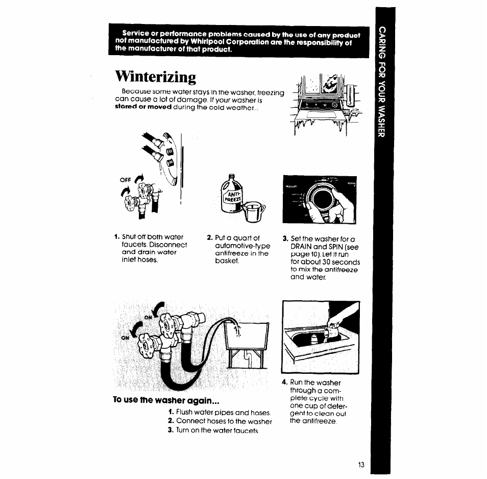 Winterizing, To use ttie washer again | Whirlpool LA5330XS User Manual | Page 13 / 16