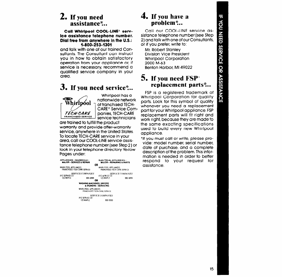 If you need assistances, If you need service, If you have a problem | If you need fsp replacement parts, Need assistances, Need service, If you | Whirlpool LA5330XS User Manual | Page 15 / 16