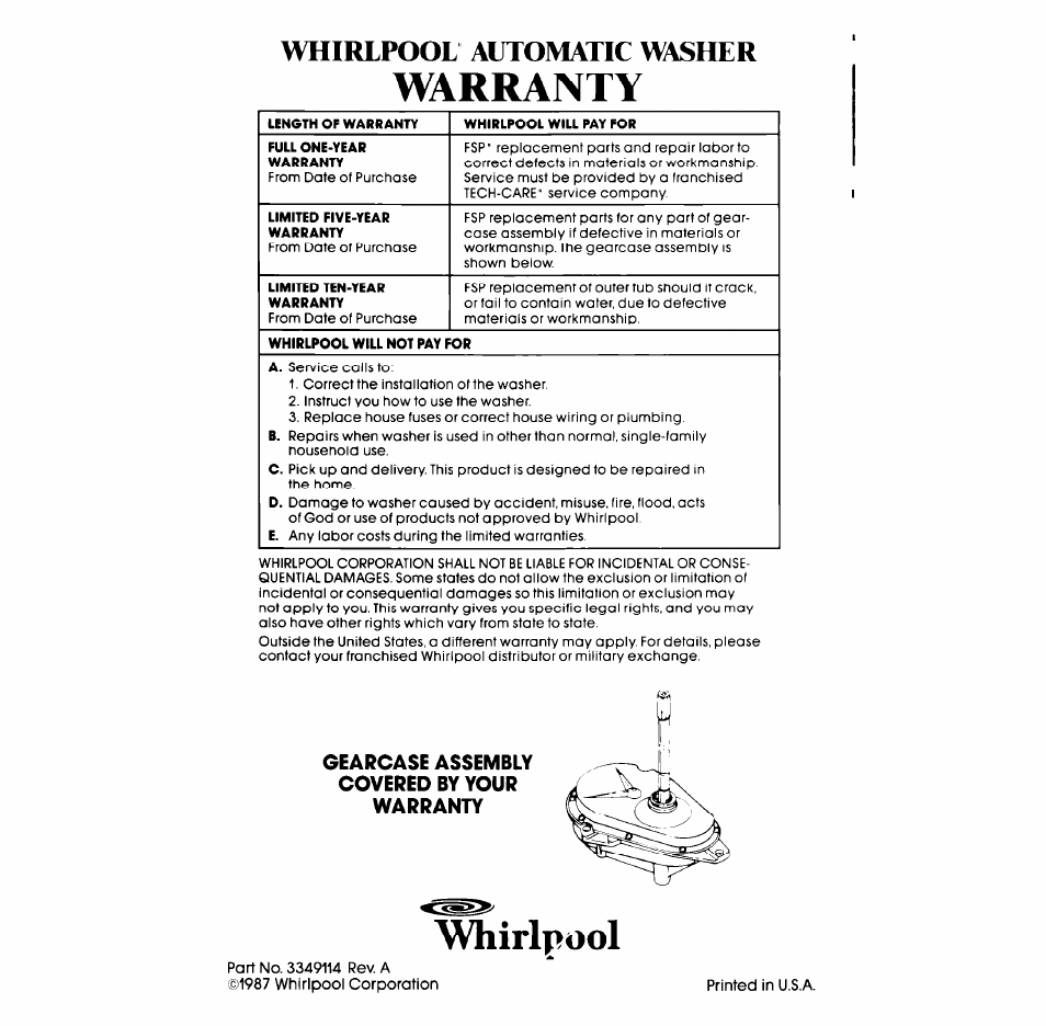 Gearcase assembly covered by your warranty, Warranty, Whirlpool | Whirlpool automatic washer | Whirlpool LA5330XS User Manual | Page 16 / 16