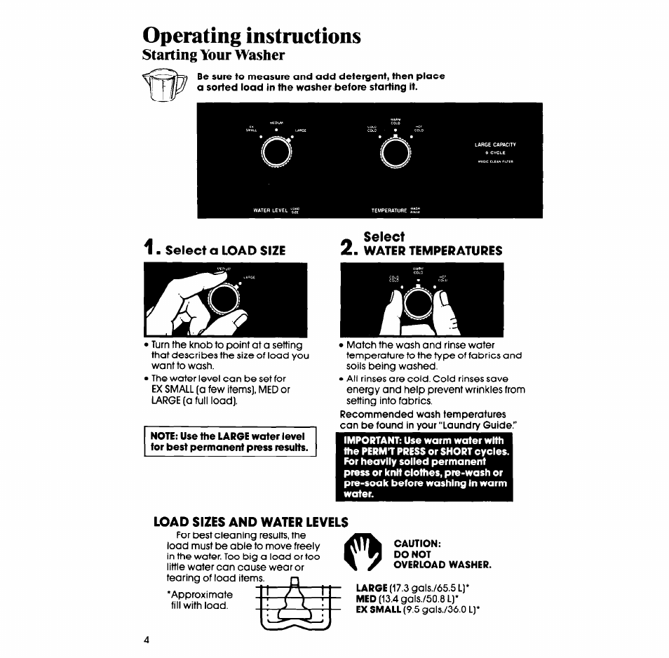 Operating instructions, Starting your washer, Select a load size | Select, Water temperatures, Load sizes and water levels | Whirlpool LA5330XS User Manual | Page 4 / 16